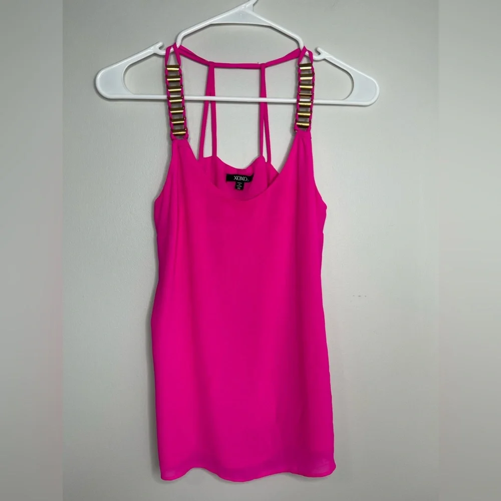 XOXO pink & brass/gold accents, dressy tank top. Size XS. Hot pink with lining. - Picture 1 of 4